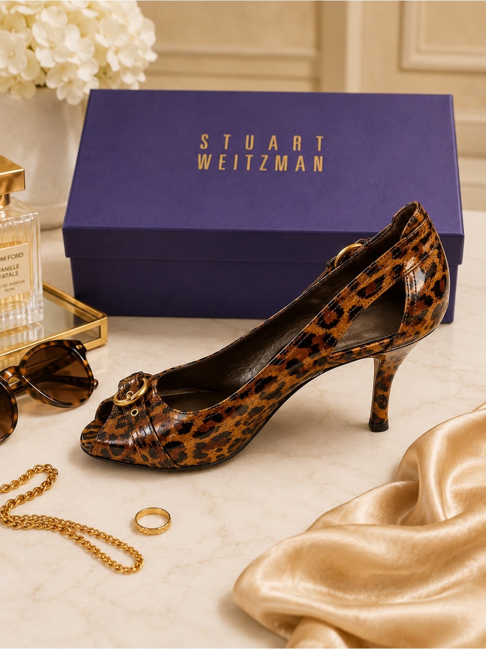 NIB Stuart Weitzman Chatup Cashew Lacquered Leopard Peep Toe Heels Size 8.5 $275